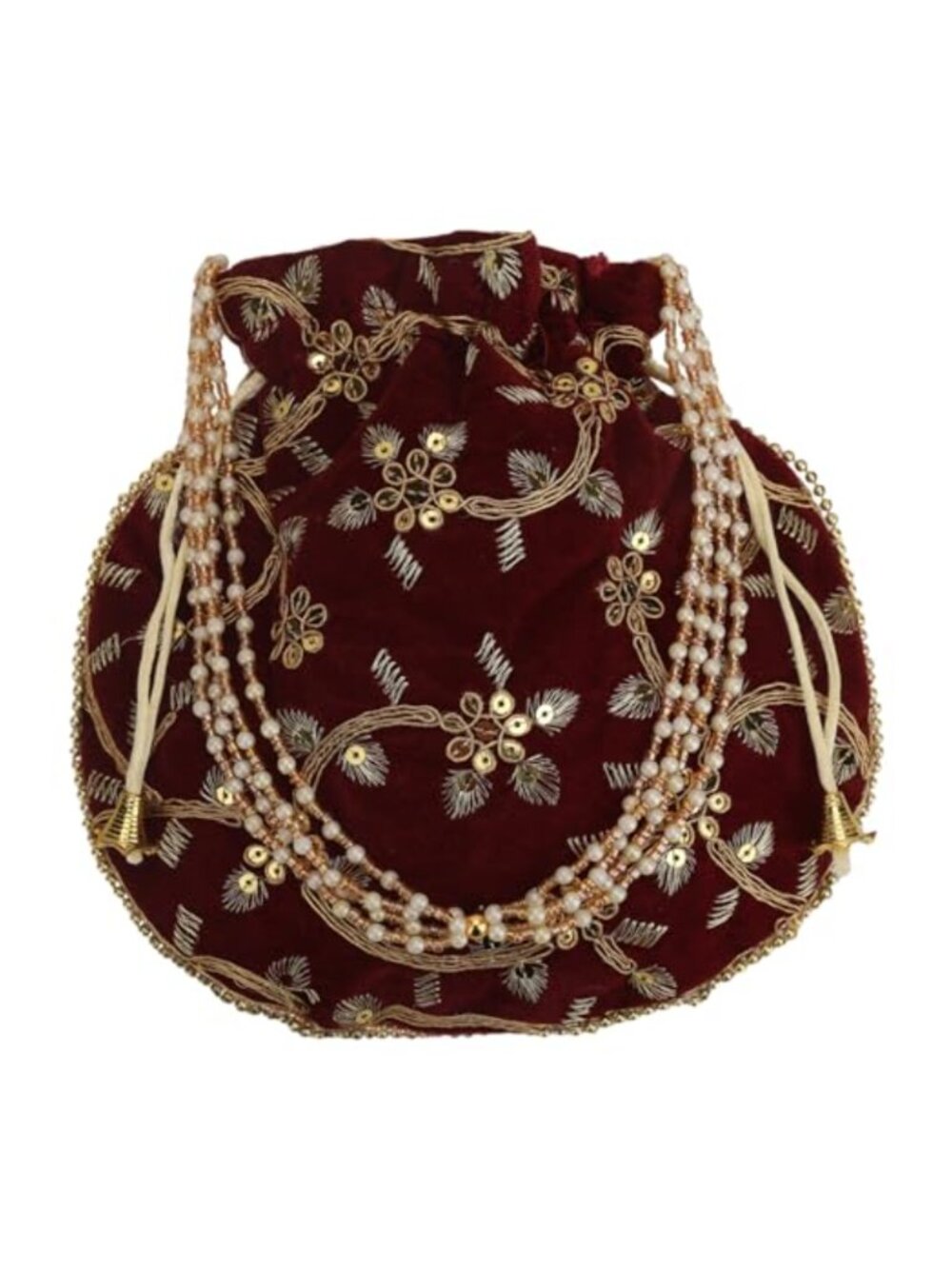 Handmade Silk Embroidered Potli Bag with Pearl Handle Drawstring Clutch Evening